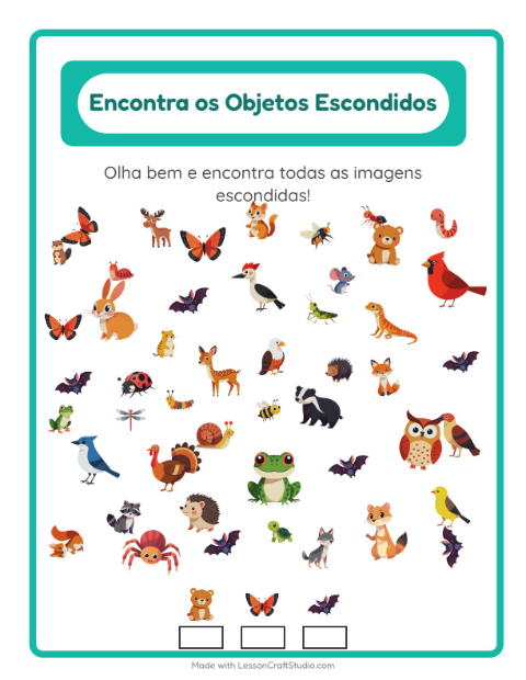 Pré-visualização da ficha de Encontre Os Objetos com Criaturas da floresta para Educação infantil (pré-escola, 5-7 anos)