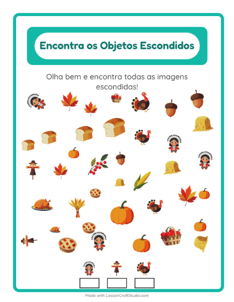 Pré-visualização da ficha de Encontre Os Objetos com Dia de Ação de Graças para Educação infantil (pré-escola, 5-7 anos)