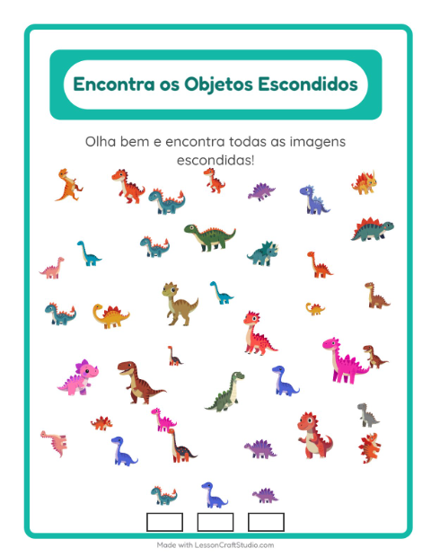 Pré-visualização da ficha de Encontre Os Objetos com Dinossauros para Educação infantil (pré-escola, 5-7 anos)