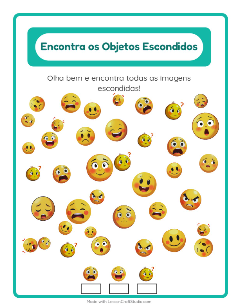 Pré-visualização da ficha de Encontre Os Objetos com Emoções para Educação infantil (pré-escola, 5-7 anos)