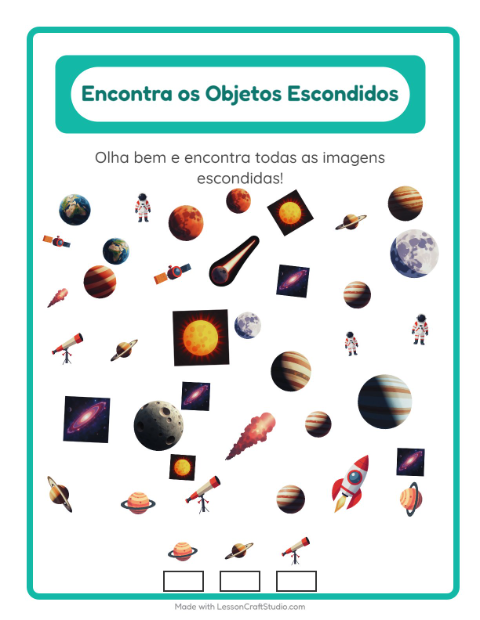 Pré-visualização da ficha de Encontre Os Objetos com Espaço para Educação infantil (pré-escola, 5-7 anos)