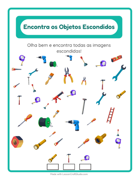 Pré-visualização da ficha de Encontre Os Objetos com Ferramentas para Educação infantil (pré-escola, 5-7 anos)