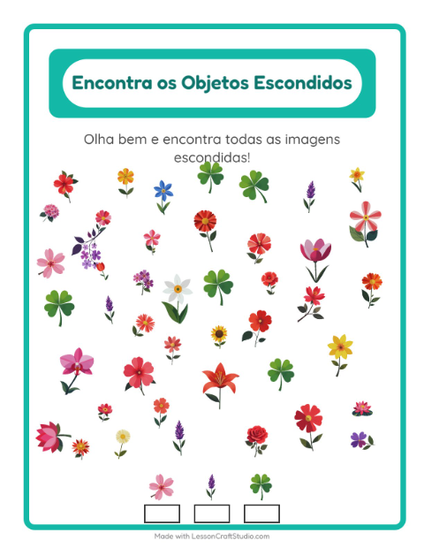 Pré-visualização da ficha de Encontre Os Objetos com Flores para Educação infantil (pré-escola, 5-7 anos)