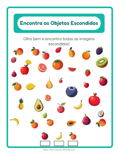 Pré-visualização da ficha de Encontre Os Objetos com Frutas para Educação infantil (pré-escola, 5-7 anos)