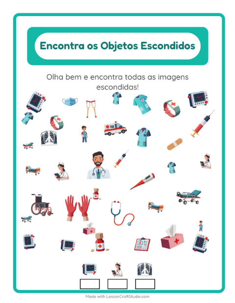 Pré-visualização da ficha de Encontre Os Objetos com Hospital para Educação infantil (pré-escola, 5-7 anos)