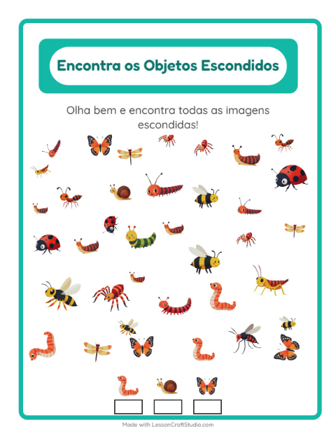 Pré-visualização da ficha de Encontre Os Objetos com Insetos e bichos para Educação infantil (pré-escola, 5-7 anos)