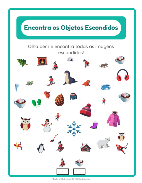 Pré-visualização da ficha de Encontre Os Objetos com Inverno para Educação infantil (pré-escola, 5-7 anos)