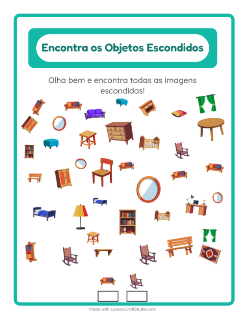 Pré-visualização da ficha de Encontre Os Objetos com Móveis para Educação infantil (pré-escola, 5-7 anos)