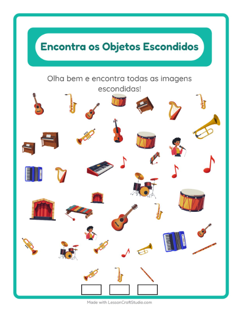 Pré-visualização da ficha de Encontre Os Objetos com Música para Educação infantil (pré-escola, 5-7 anos)