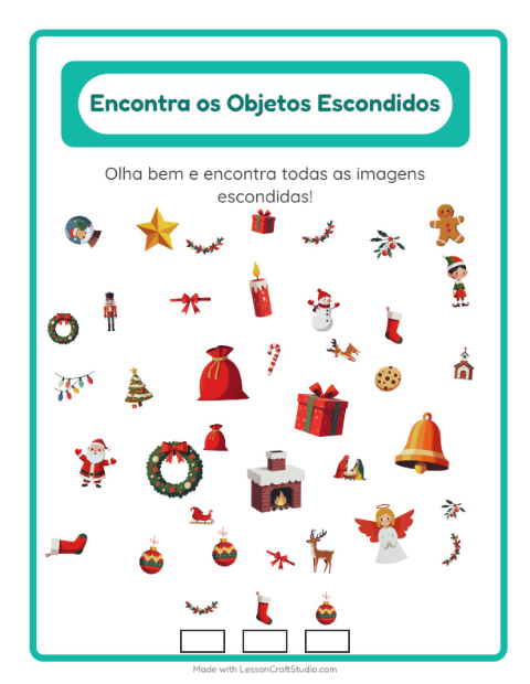 Pré-visualização da ficha de Encontre Os Objetos com Natal para Educação infantil (pré-escola, 5-7 anos)