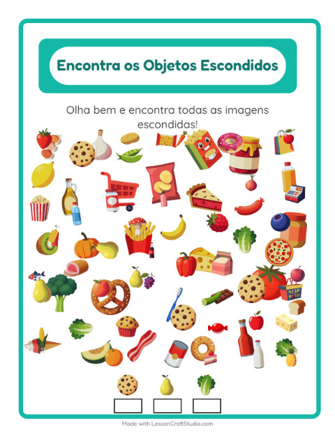 Pré-visualização da ficha de Encontre Os Objetos com No supermercado para Educação infantil (pré-escola, 5-7 anos)