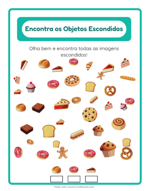 Pré-visualização da ficha de Encontre Os Objetos com Padaria para Educação infantil (pré-escola, 5-7 anos)