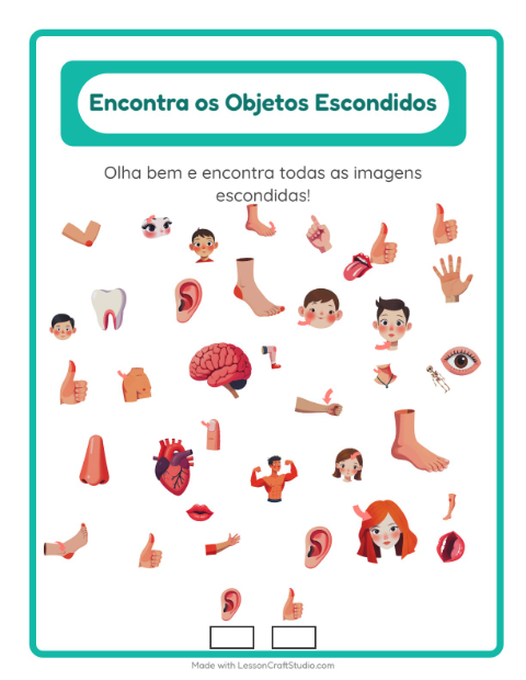 Pré-visualização da ficha de Encontre Os Objetos com Partes do corpo para Educação infantil (pré-escola, 5-7 anos)