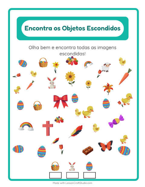 Pré-visualização da ficha de Encontre Os Objetos com Páscoa para Educação infantil (pré-escola, 5-7 anos)