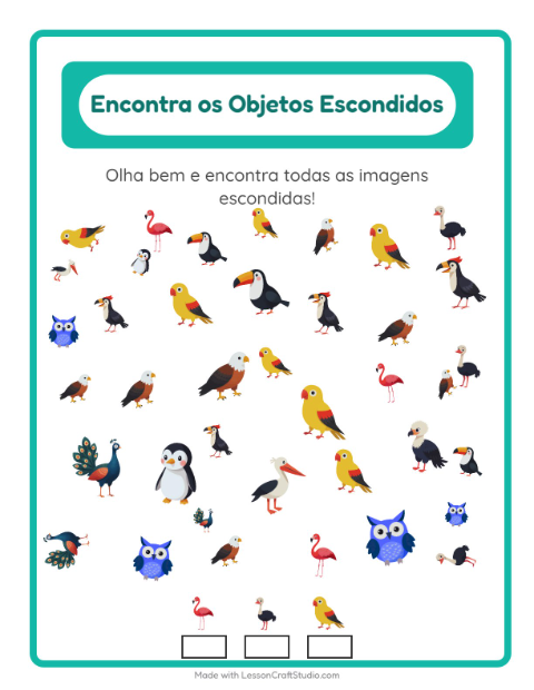 Pré-visualização da ficha de Encontre Os Objetos com Pássaros para Educação infantil (pré-escola, 5-7 anos)
