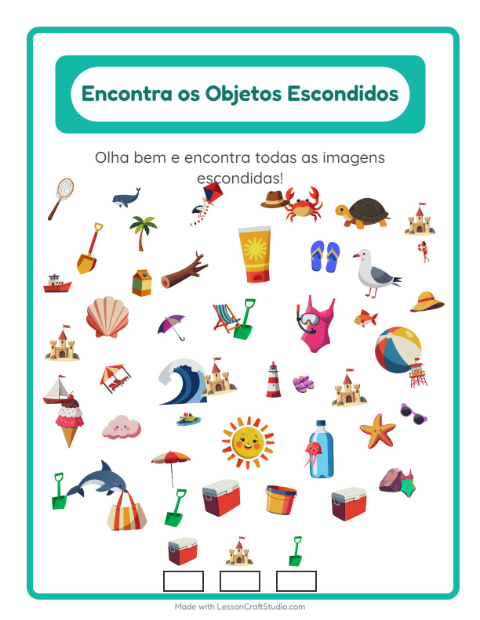 Pré-visualização da ficha de Encontre Os Objetos com Praia para Educação infantil (pré-escola, 5-7 anos)