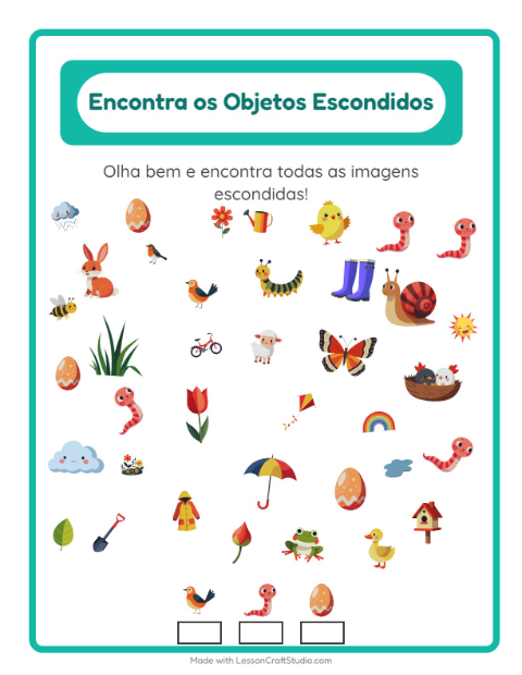 Pré-visualização da ficha de Encontre Os Objetos com Primavera para Educação infantil (pré-escola, 5-7 anos)