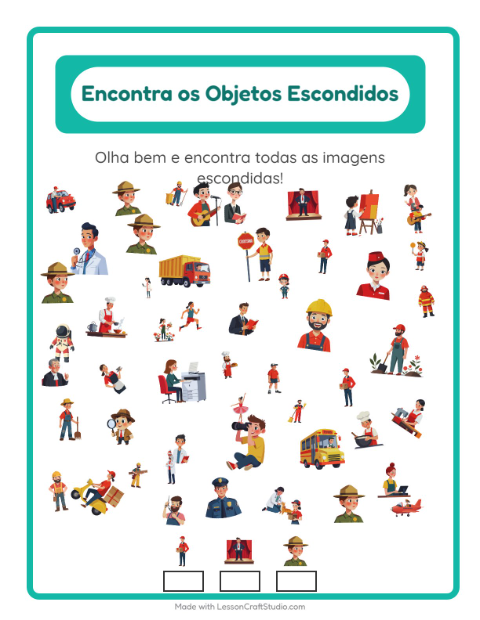 Pré-visualização da ficha de Encontre Os Objetos com Profissões para Educação infantil (pré-escola, 5-7 anos)