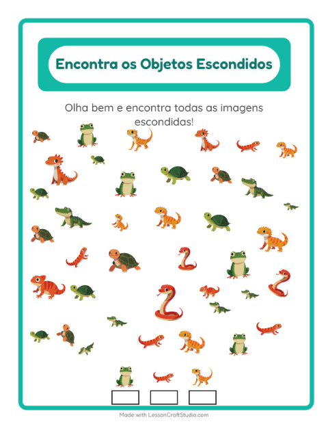 Pré-visualização da ficha de Encontre Os Objetos com Répteis e anfíbios para Educação infantil (pré-escola, 5-7 anos)