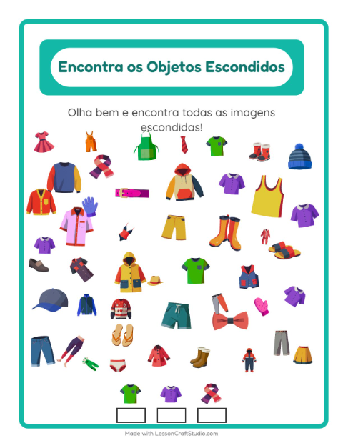 Pré-visualização da ficha de Encontre Os Objetos com Roupas para Educação infantil (pré-escola, 5-7 anos)
