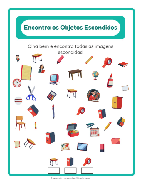 Pré-visualização da ficha de Encontre Os Objetos com Sala de aula para Educação infantil (pré-escola, 5-7 anos)