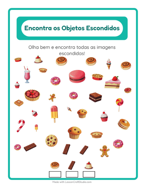 Pré-visualização da ficha de Encontre Os Objetos com Sobremesas e doces para Educação infantil (pré-escola, 5-7 anos)