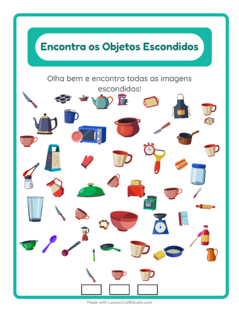 Pré-visualização da ficha de Encontre Os Objetos com Utensílios de cozinha para Educação infantil (pré-escola, 5-7 anos)