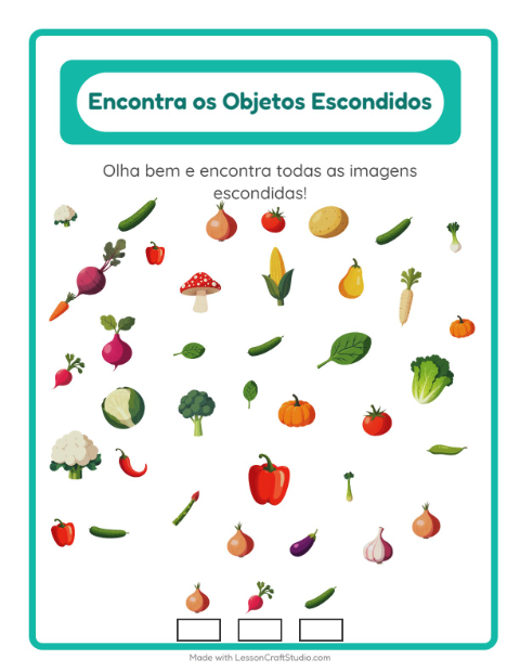 Pré-visualização da ficha de Encontre Os Objetos com Vegetais para Educação infantil (pré-escola, 5-7 anos)