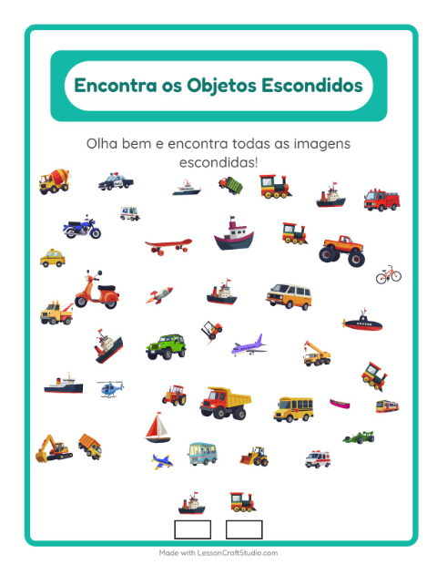 Pré-visualização da ficha de Encontre Os Objetos com Veículos para Educação infantil (pré-escola, 5-7 anos)