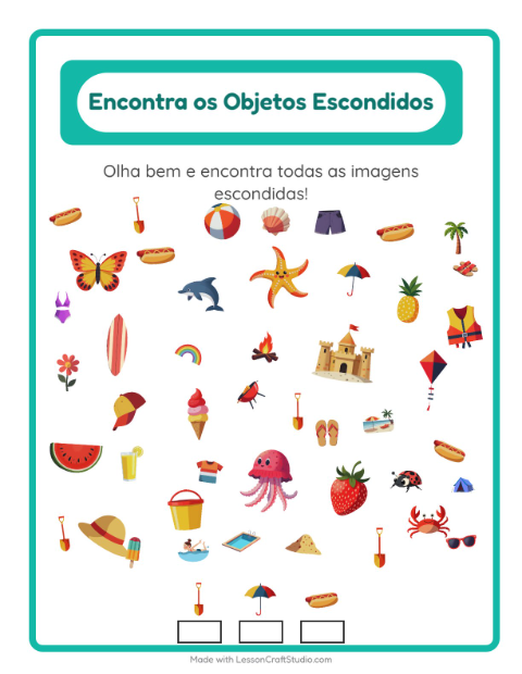 Pré-visualização da ficha de Encontre Os Objetos com Verão para Educação infantil (pré-escola, 5-7 anos)