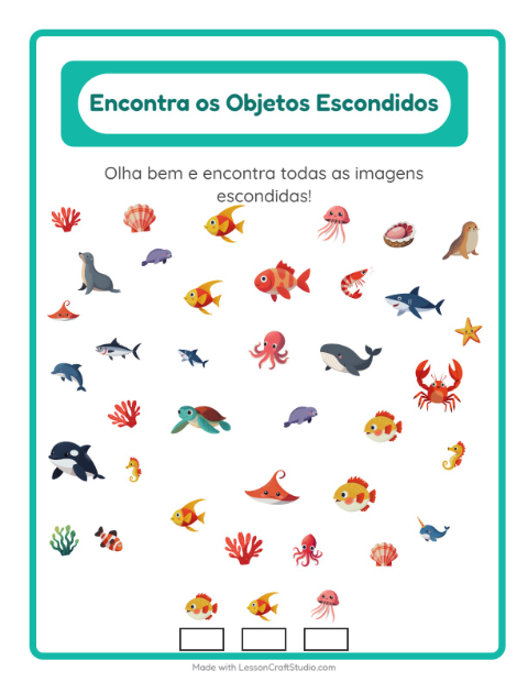 Pré-visualização da ficha de Encontre Os Objetos com Vida marinha para Educação infantil (pré-escola, 5-7 anos)