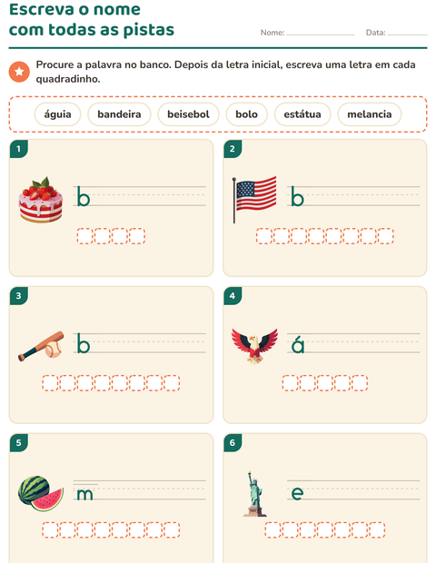 Pré-visualização da ficha de Escreva o nome da figura com 4 de Julho para 1º ano do ensino fundamental