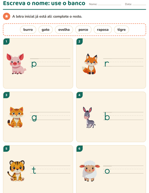 Escreva o nome dos animais: banco de palavras e primeira letra