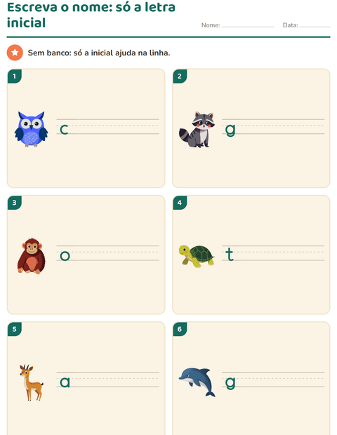 Escreva o nome do animal com a primeira letra como única ajuda