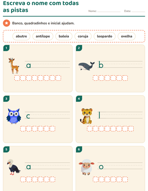 Escreva o nome do animal com banco, caixinhas e letra inicial