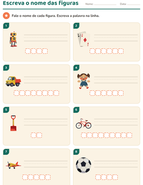 Pré-visualização da ficha de Escreva o nome da figura com Brinquedos para 1º ano do ensino fundamental