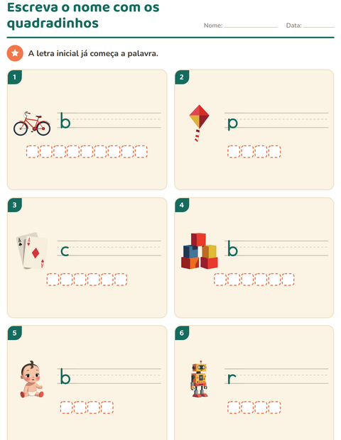 Escreva o nome do brinquedo com uma caixinha por letra e a inicial na linha