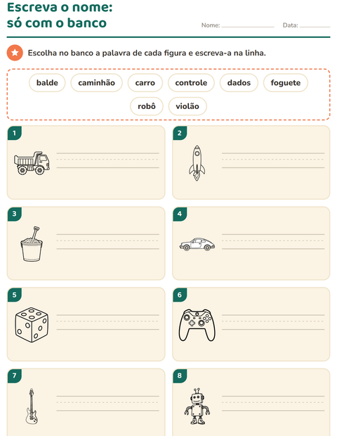 Pré-visualização da ficha de Escreva o nome da figura com Brinquedos PB 2 para 1º ano do ensino fundamental