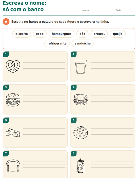 Pré-visualização da ficha de Escreva o nome da figura com Comida PB 3 para 1º ano do ensino fundamental