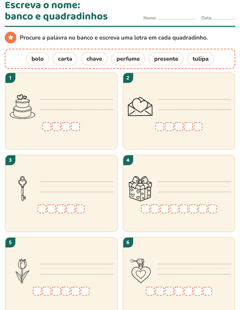 Pré-visualização da ficha de Escreva o nome da figura com Dia dos Namorados PB 2 para 1º ano do ensino fundamental