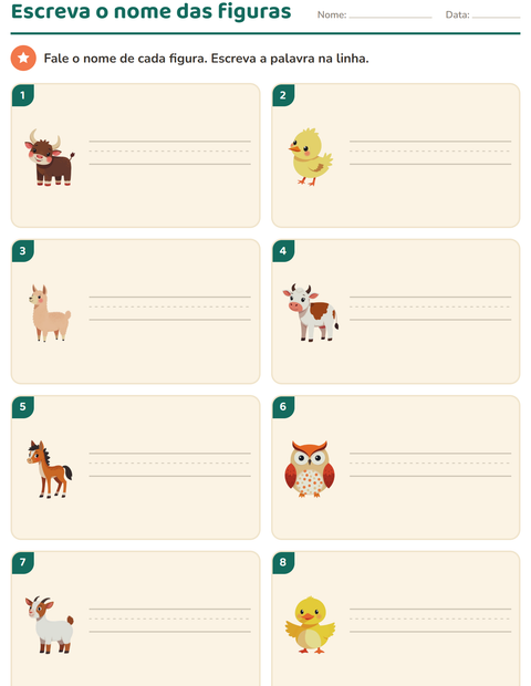 Pré-visualização da ficha de Escreva o nome da figura com Animais da fazenda para 1º ano do ensino fundamental