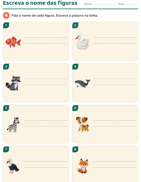 Pré-visualização da ficha de Escreva o nome da figura com Animais para 1º ano do ensino fundamental