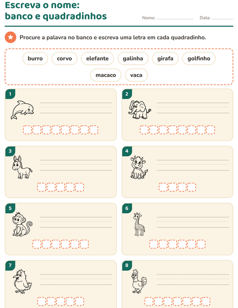 Pré-visualização da ficha de Escreva o nome da figura com Animais PB 3 para 1º ano do ensino fundamental