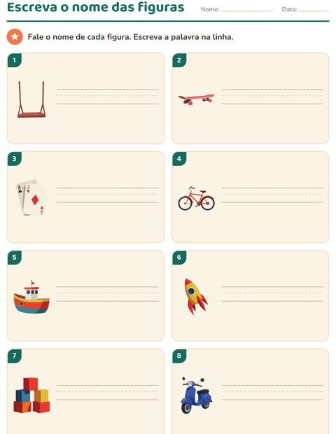 Pré-visualização da ficha de Escreva o nome da figura com Brinquedos para 1º ano do ensino fundamental