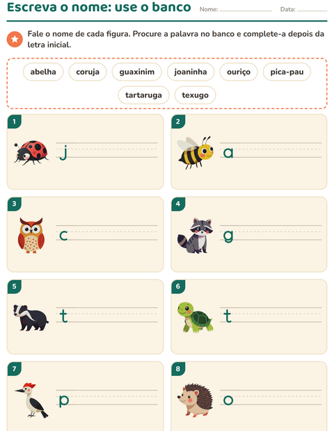 Pré-visualização da ficha de Escreva o nome da figura com Criaturas da floresta para 1º ano do ensino fundamental
