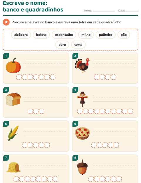 Pré-visualização da ficha de Escreva o nome da figura com Dia de Ação de Graças para 1º ano do ensino fundamental