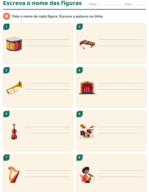 Pré-visualização da ficha de Escreva o nome da figura com Música para 1º ano do ensino fundamental