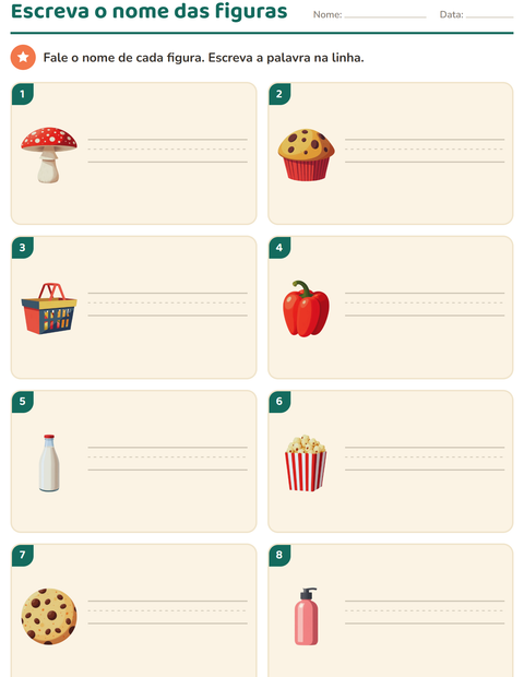 Pré-visualização da ficha de Escreva o nome da figura com No supermercado para 1º ano do ensino fundamental