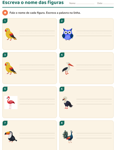 Pré-visualização da ficha de Escreva o nome da figura com Pássaros para 1º ano do ensino fundamental