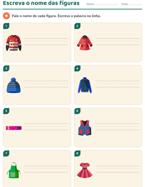 Pré-visualização da ficha de Escreva o nome da figura com Roupas para 1º ano do ensino fundamental